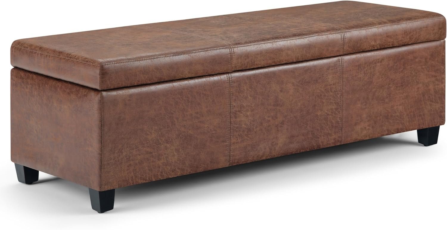 SIMPLIHOME Avalon Storage Ottoman Bench – 48″ Wide x 16″ High Upholstered Vegan Leather Rectangular Lift-Top Ottoman in Distressed Umber Brown, Contemporary Storage Bench with High-Density Foam