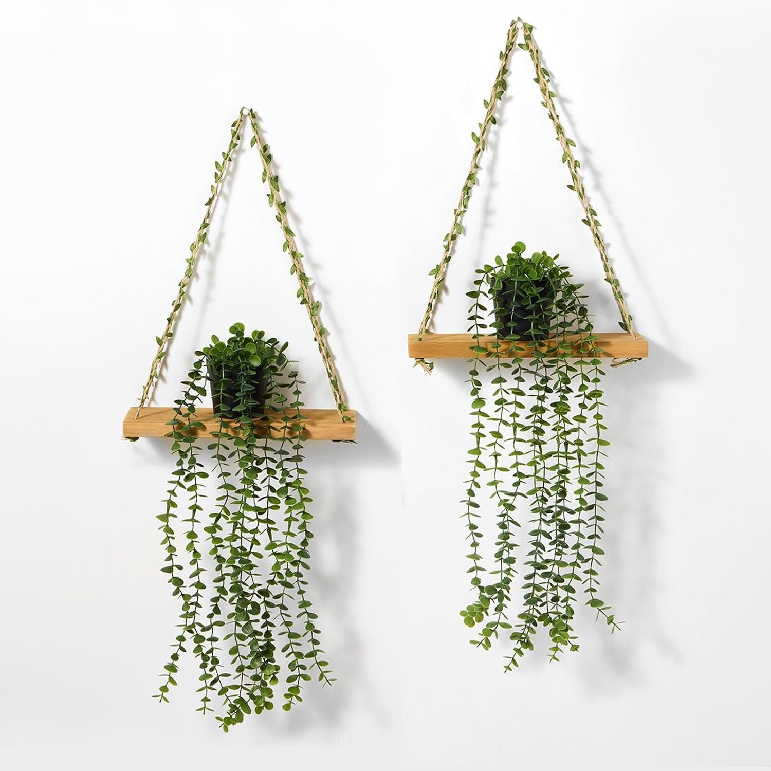 2 Pack Wooden Hanging Shelves with Artificial Eucalyptus Plants Wall Decor for Living Room, Bedroom, Bathroom – Fake Hanging Plant and Wood Wall Shelf Set for Boho Farmhouse Home Decor