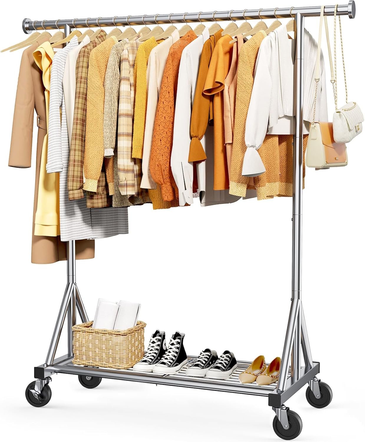 Sakugi Heavy Duty Stainless Steel Rolling Clothes Rack with Mesh Shelf, Lockable Wheels & Anti-Slip Stoppers, Large Capacity Clothing Organizer for Bedroom, Laundry Room, 42.5″ x 16.5″ x 65.9″, Silver