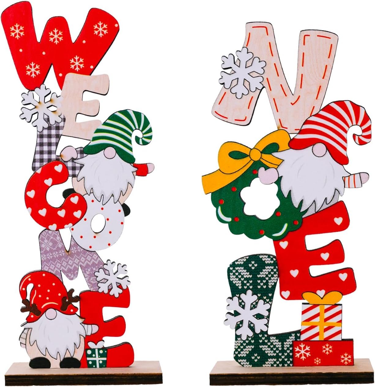 2Pcs Wooden Christmas Centerpiece Signs, Wooden Gnome Table Decorations Signs, Merry Christmas Table Toppers, Centerpiece Decorations for Holiday Home Party Indoor Decor (Gnome)