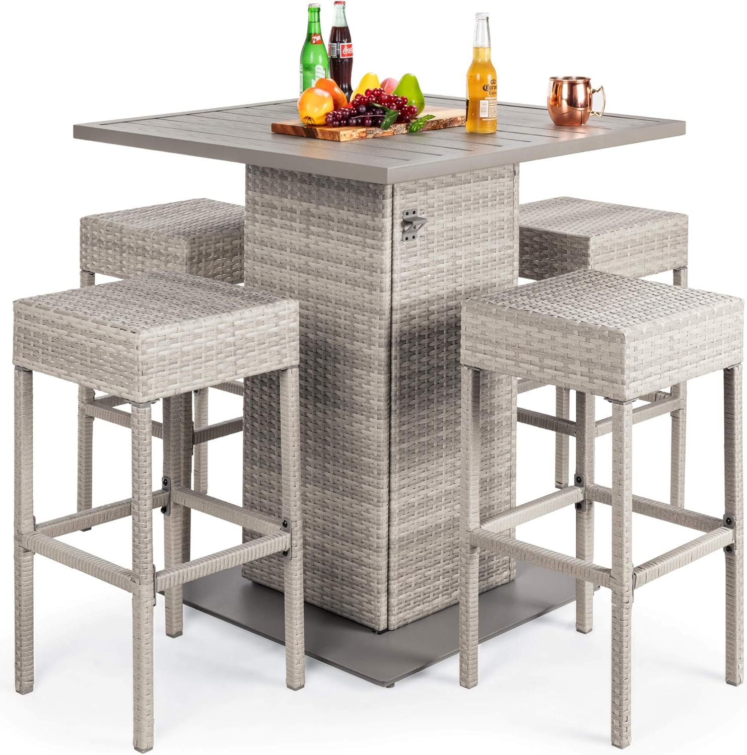 Best Choice Products 5-Piece Outdoor Wicker Bar Table Set for Patio, Poolside, Backyard w/Built-in Bottle Opener, Hidden Storage Shelf, Metal Tabletop, 4 Stools – Gray