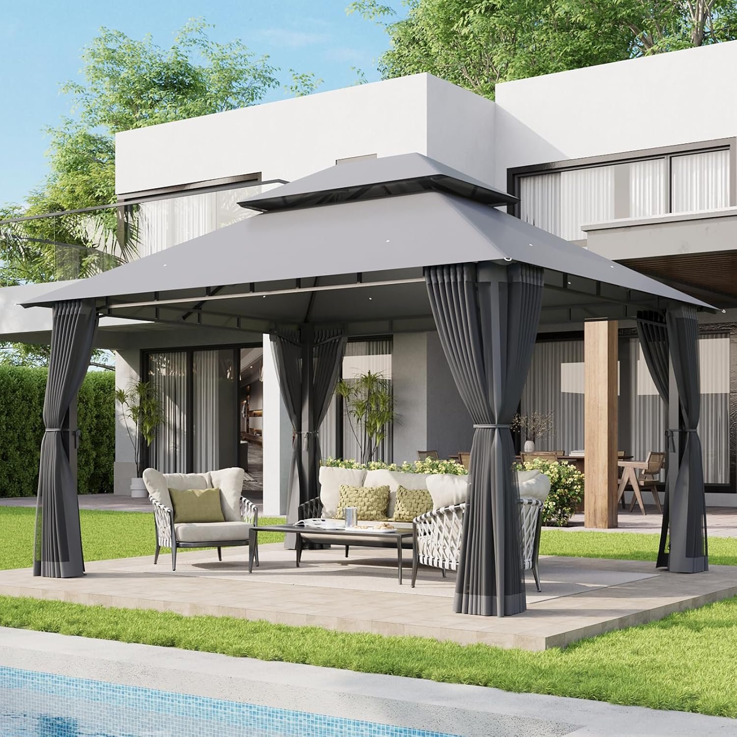 Aoxun 12×10 Gazebo with Double Roof & Mosquito Netting Outdoor Heavy-Duty Party Tent, Patio Tent with Zipper Screens – Backyard Garden Lawn Shelter Includes Wind Ropes Expansion Bolts, Gray