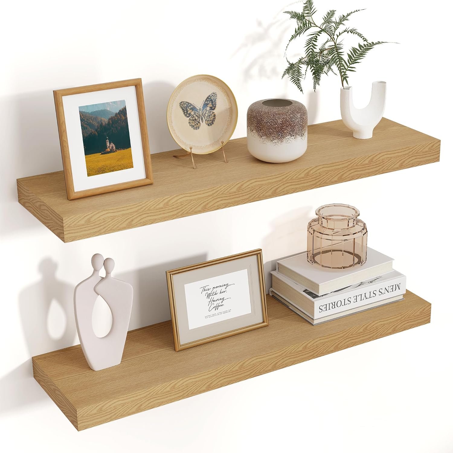 Venusmiles Floating Shelves for Wall 24 inch Long, Engineered Wood Wall Shelves with Invisible Brackets for Living Room Bedroom Bathroom Office Kitchen Decor and Storage, Oak Finish, Set of 2