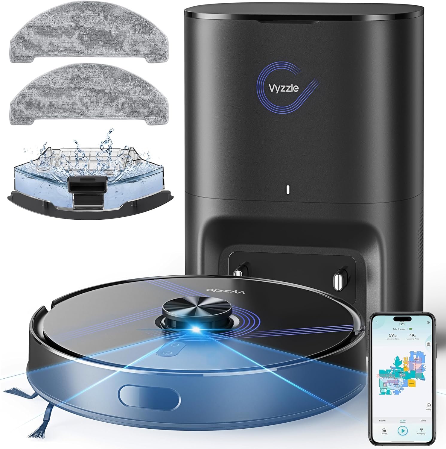 Vyzzle Robot Vacuum and Mop, 8000Pa Self Emptying Robot Vacuum with LiDAR Navigation & Smart Mapping, Robotic Vacuum Cleaner for Pet Hair, Carpet & Hard Floors, 180Min Runtime, App/Alexa Control, E20