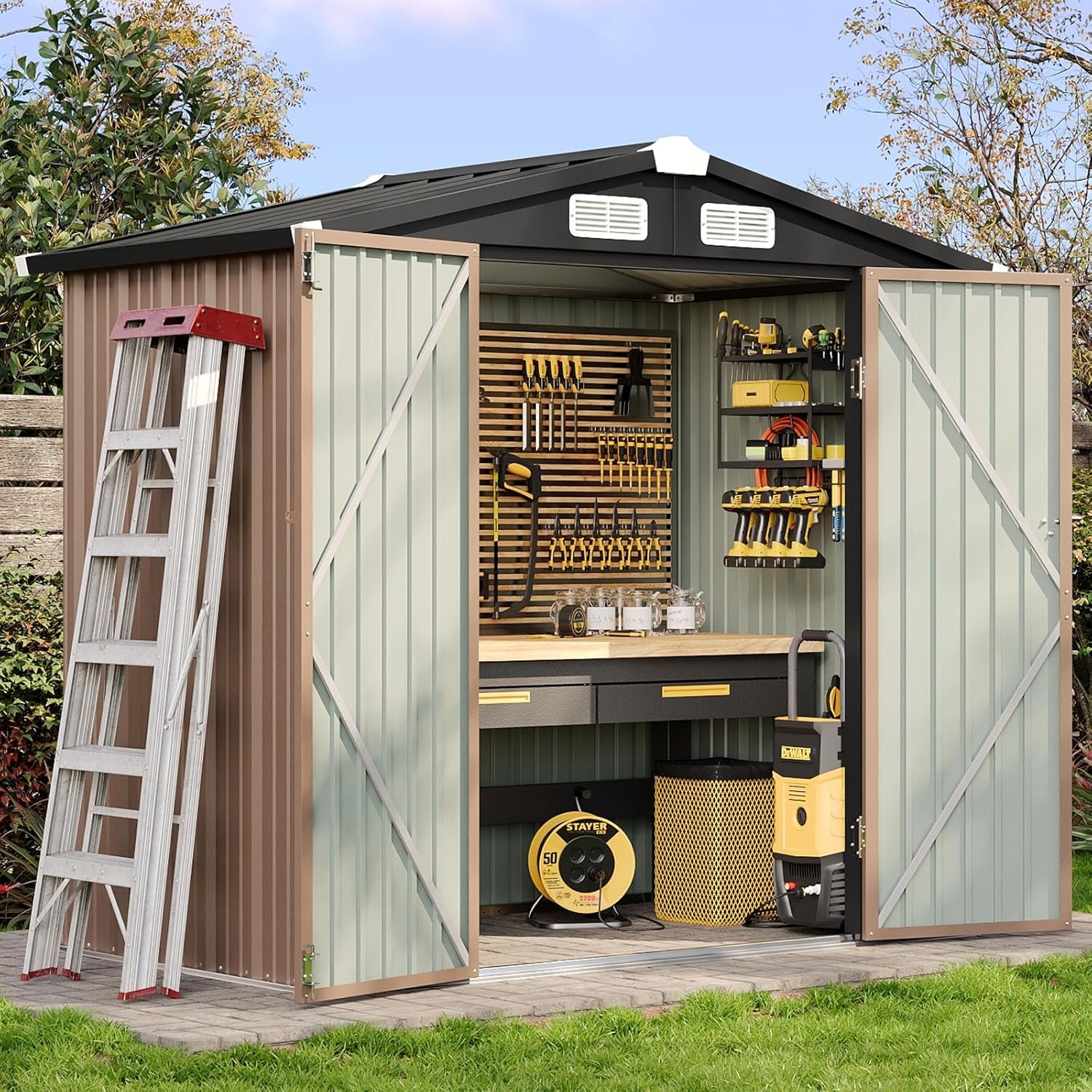 Aoxun 6.2×4 FT Shed Outdoor Storage Shed with Lockable Doors & Slooping Roof Metal Garden Tool Shed for Backyard, Patio, Poolside (Brown)