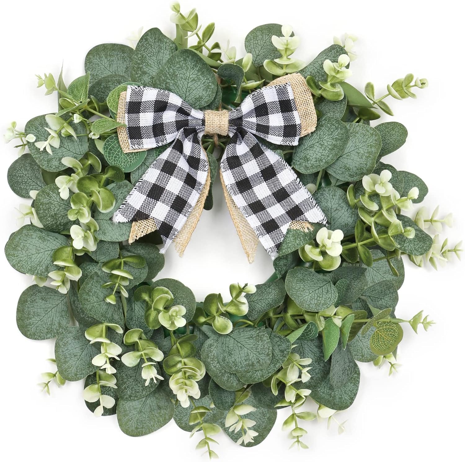 Dremisland 12″ Artificial Eucalyptus Wreath with Plaid Bow | Spring Summer Green Leaf Wreath for Front Door Window Porch Farmhouse Decor Festival Celebration Home Decor (White&Black Plaid-Small)