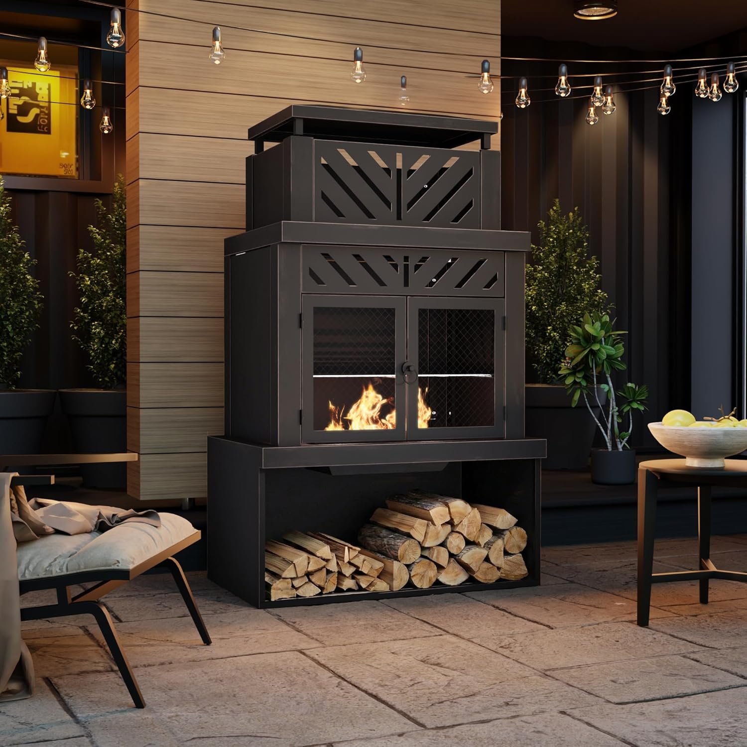 31.5″ Outdoor Wood Fireplace with Chimney and Wood Storage, Fireplace with Fire Pocker, BBQ Grill & Gloves, Outside Removable Fire Pit for Patio, Garden and Deck, Black