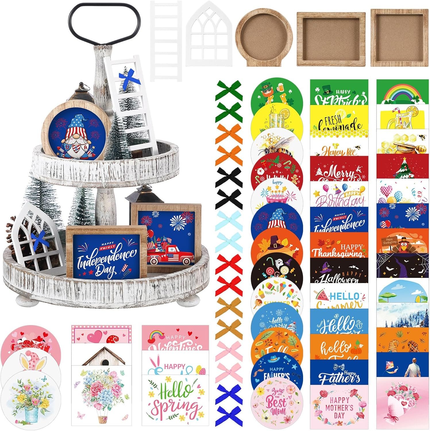 48 Pcs Interchangeable Seasonal Tiered Tray Decor Set Farmhouse Patriotic Summer Tiered Decoration Include Wood Frames with Ladders Card Bow Knot Tray Not Included(Vintage Color,Festive)