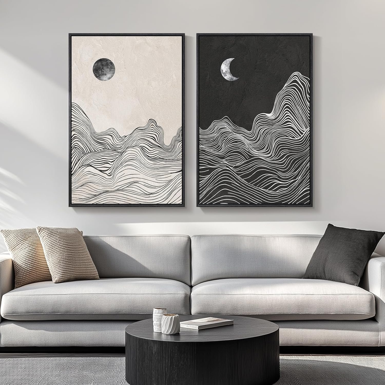 Large Framed Black and White Abstract Wall Art for Living Room, Set of 2 Modern Canvas Prints Paintings Artwork for Walls, Abstract Mountain and Moon Pictures for Bedroom Hallway Wall Decor 24×36 In