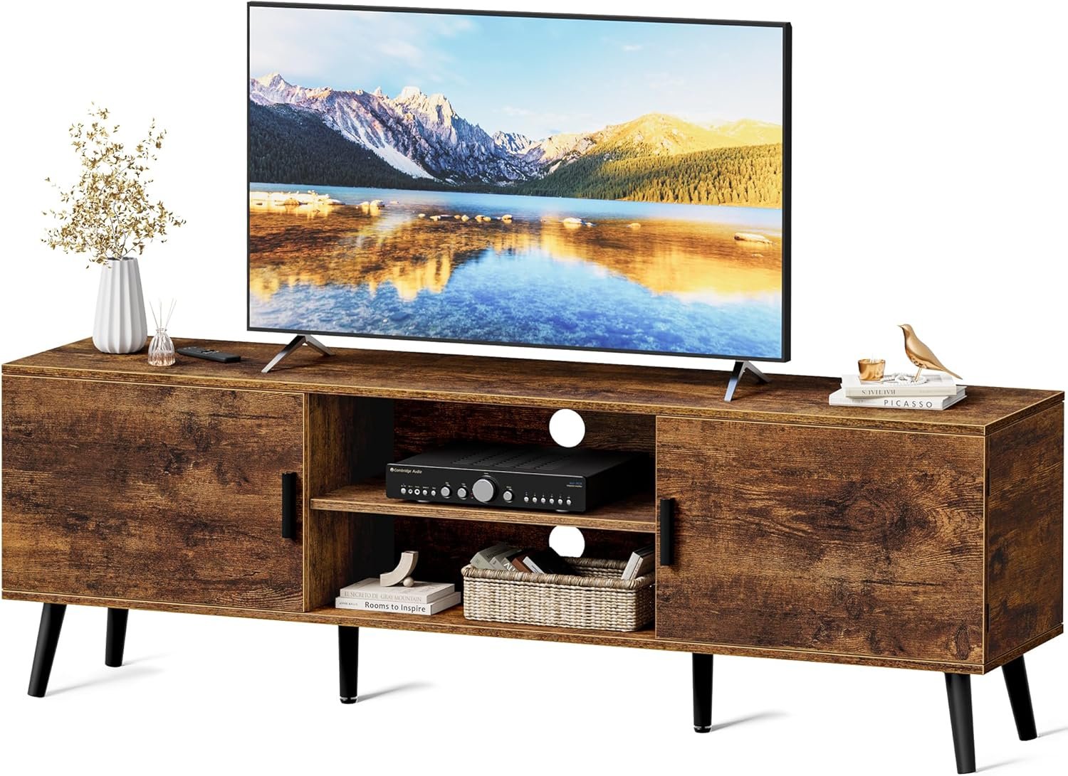SUPERJARE TV Stand for 55 Inch TV, Entertainment Center with Adjustable Shelf, 2 Cabinets, TV Console Table, Media Console, Solid Wood Feet, Cord Holes, for Living Room, Bedroom, Rustic Brown