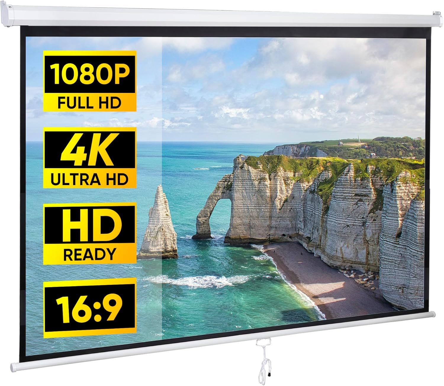 80 Inch Projection Screen, Outdoor Indoor 16:9 HD Foldable Manual Pull Down Projector Screen for Movie Home Backyard Theater Cinema Office Video Game, White
