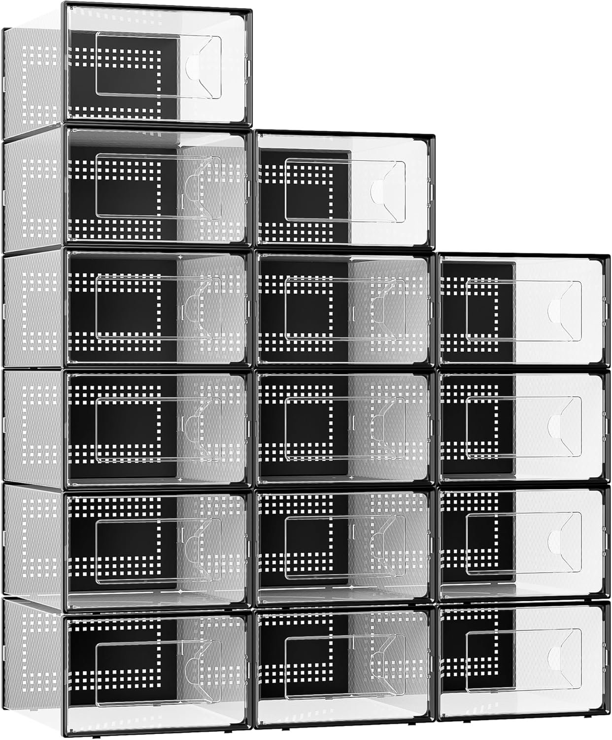 Foluck X-Large 15 Pack Shoe Storage Organizer Box Clear Plastic Stackable | Interlocking Design, Sturdy Dustproof Breathable, Fits Men’s Size 10 Women’s Size 11, for Closet Entryway Under Bed