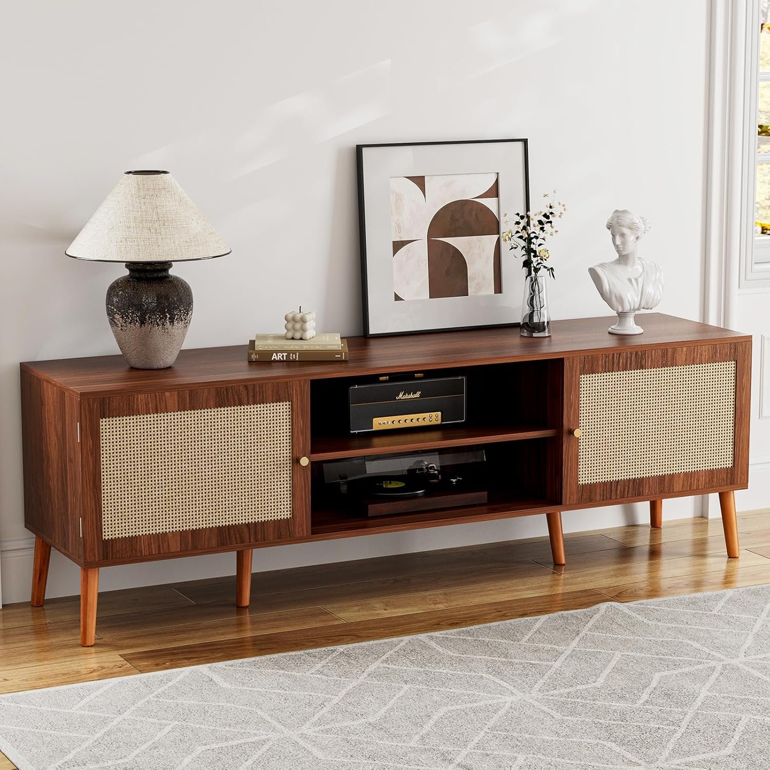 ZttRiee TV Stand for TVs up to 65”, Entertainment Center With Rattan Door, Shelves & 2 Cabinets, Long Boho Media Console for Living Room, Walnut