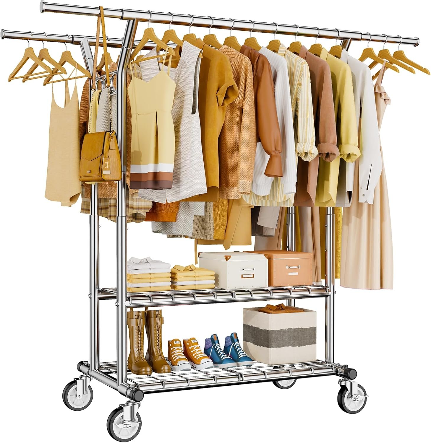 HYSEYY Heavy Duty Clothes Rack, Rolling Clothing Rack With Shelves Load 620 LBS, Double Rod Clothing Racks for Hanging Clothes, Portable& Adjustable Clothes Rack with Wheels Garment Rack