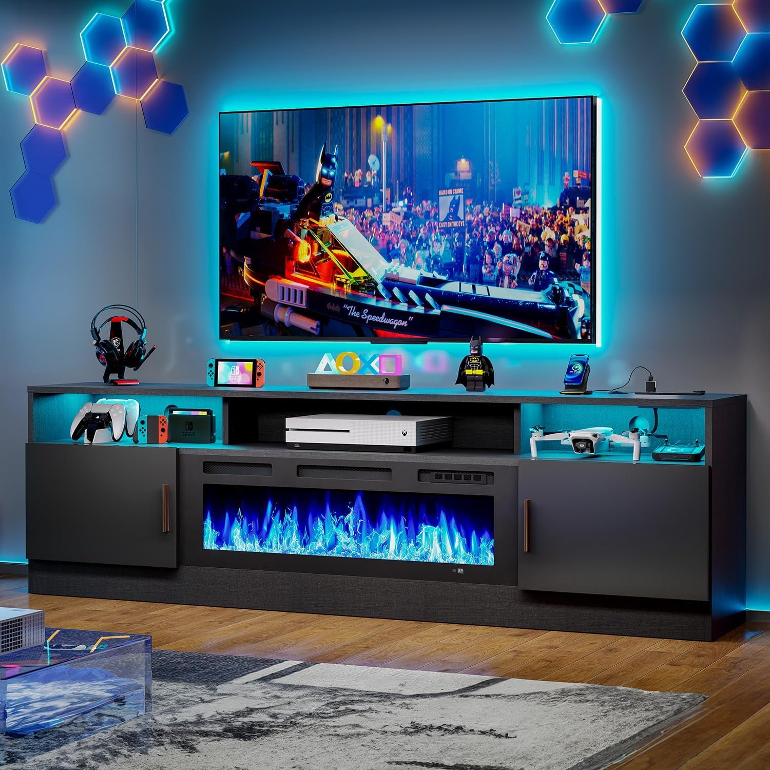 MXV 70″ Fireplace TV Stand with Power Outlet for TVs UP to 80″, Electric Fireplace Entertainment Center with LED Lights & Storage Cabinets, TV Console for Living Room, Office, Black-Black