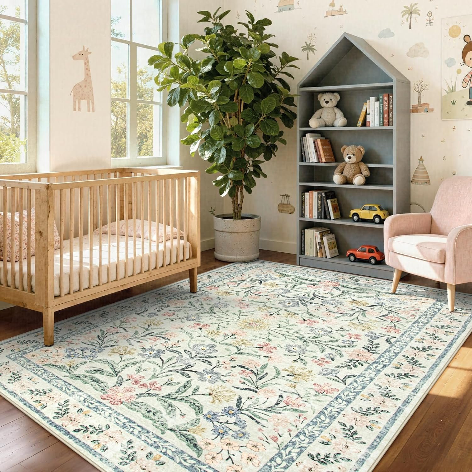 Wonnitar Boho Floral Washable Rugs 5×7, Soft Area Rugs for Bedroom, Ultra-Thin Non Slip Beige Area Carpets, Flower Print Decor Carpet for Living Room Nursery Dining Room Office