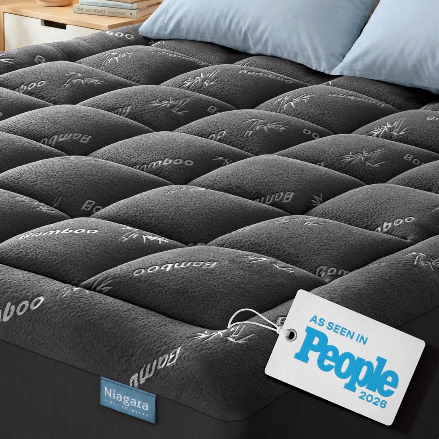 Niagara Sleep Solution Ultra Soft Queen Size Mattress Topper – Rayon Derived from Bamboo Pillow Top Mattress Pad for Back Pain Relief – Naturally Cooling for Hot Sleepers, Dark Gray