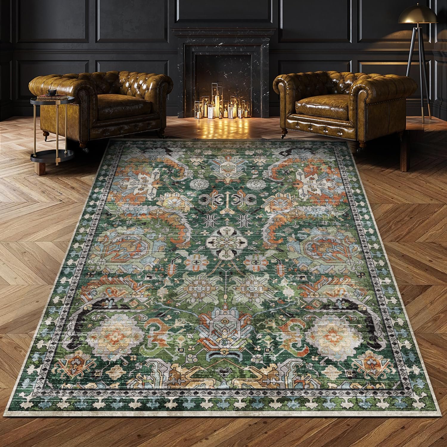 RUGSURE Washable Area Rugs – Perfect for Living Room, Bedroom, Kids Room, Nursery – Stain & Water Resistant Non-Slip, Pet & Child Friendly, Vintage Tribal Area Rugs (Green, 3′ x 5 ‘)