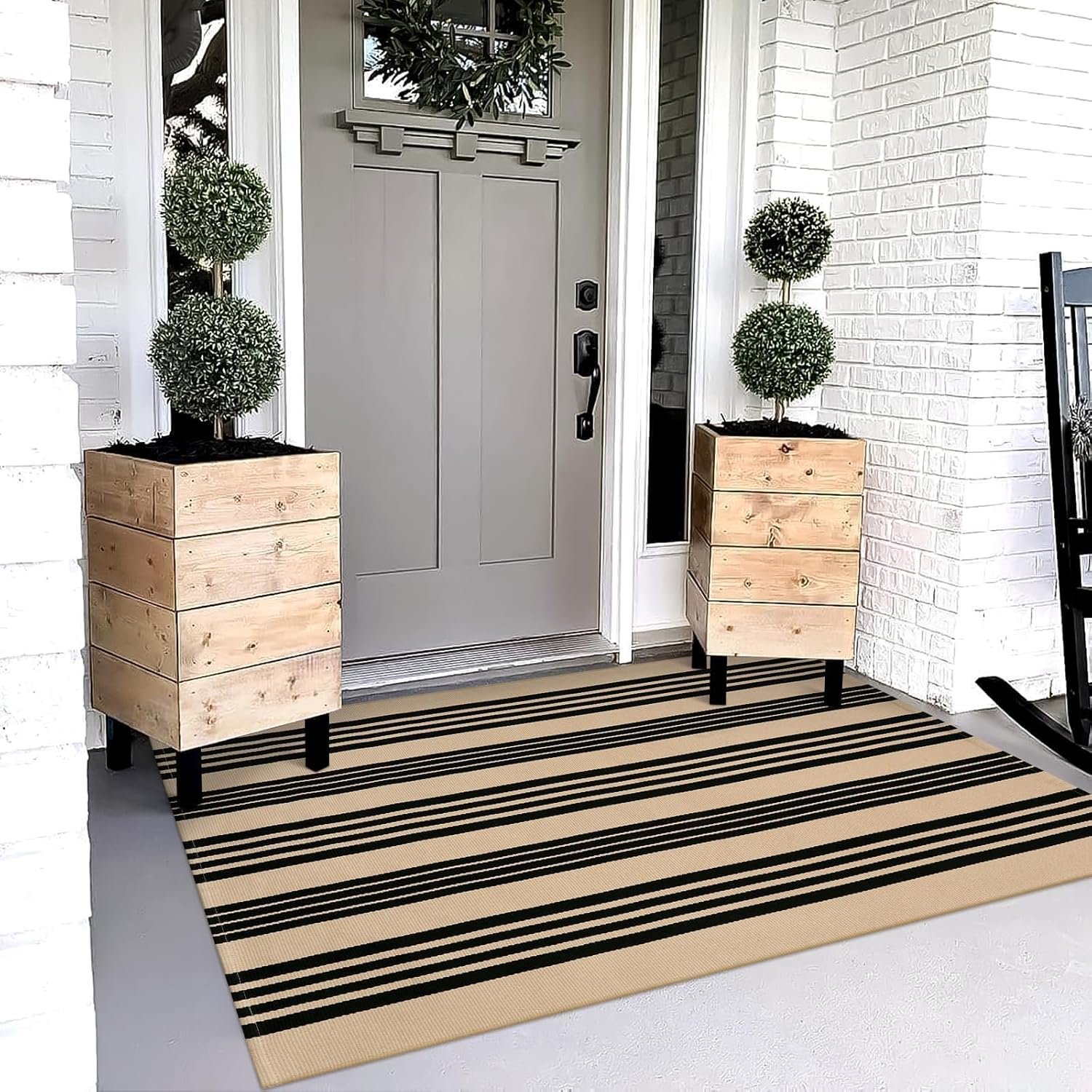 OJIA Outdoor Rug 3’x5′, Black and Tan Area Rug Machine Washable Rugs Cotton Hand Woven Entry Rug Indoor Outdoor Striped Carpet for Front Porch/Deck/Backyard/Camping/Outdoor Decor