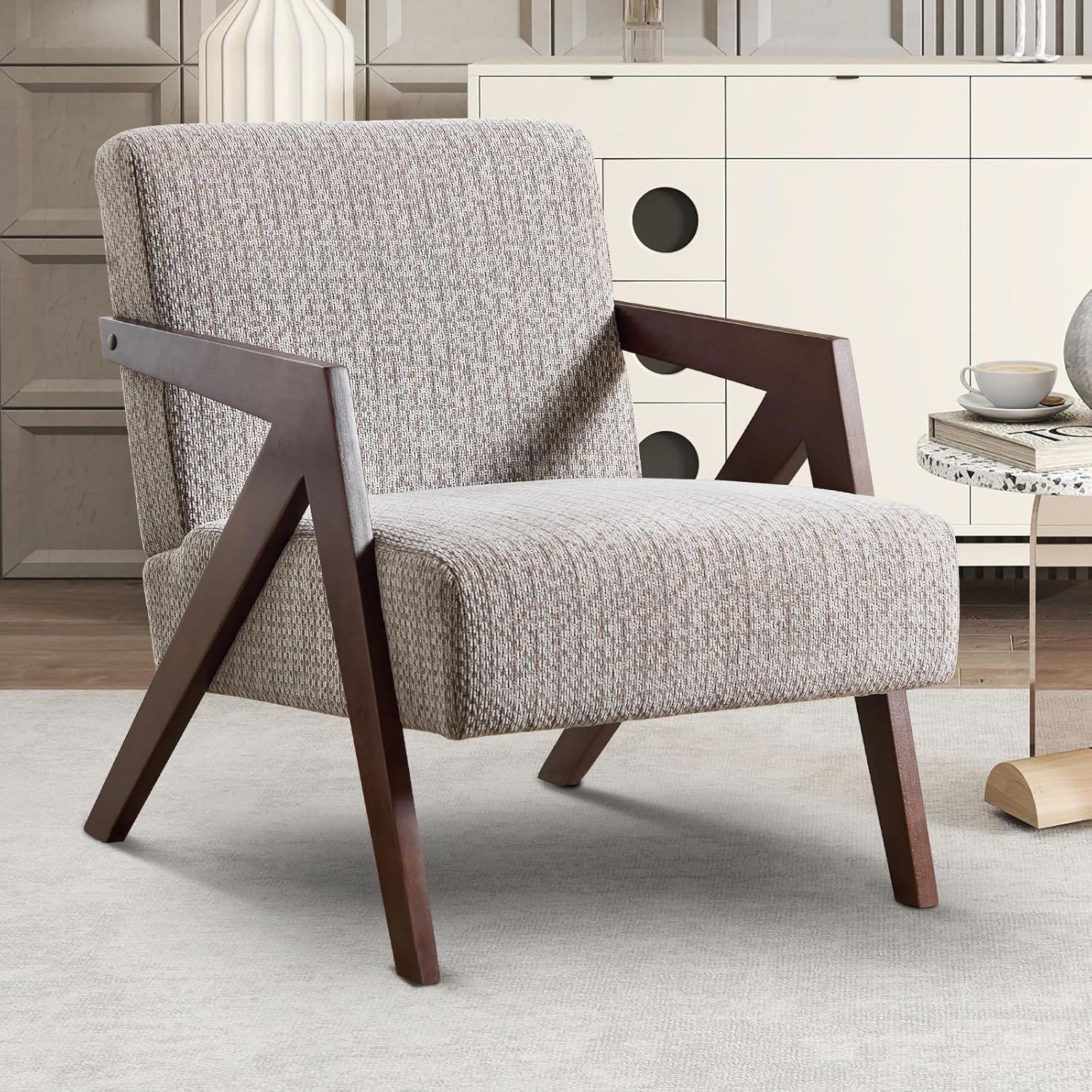 INZOY Mid Century Modern Accent Chair with Wood Frame, Upholstered Reading Armchair with Soft Linen Fabric, Accent Chair for Living Room Bedroom Apartment, Easy Assembly, Mocha