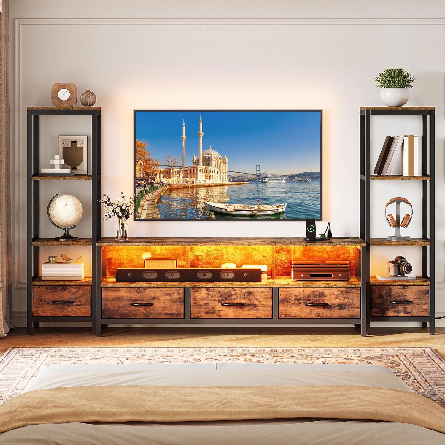 YITAHOME TV Stands for 65 inch TV Entertainment Center with 2 Industrial 4-Tier Bookshelves, LED TV Stands for Living Room, Modern Farmhouse TV Console Cabinet with Power Outlets, Rustic Brown