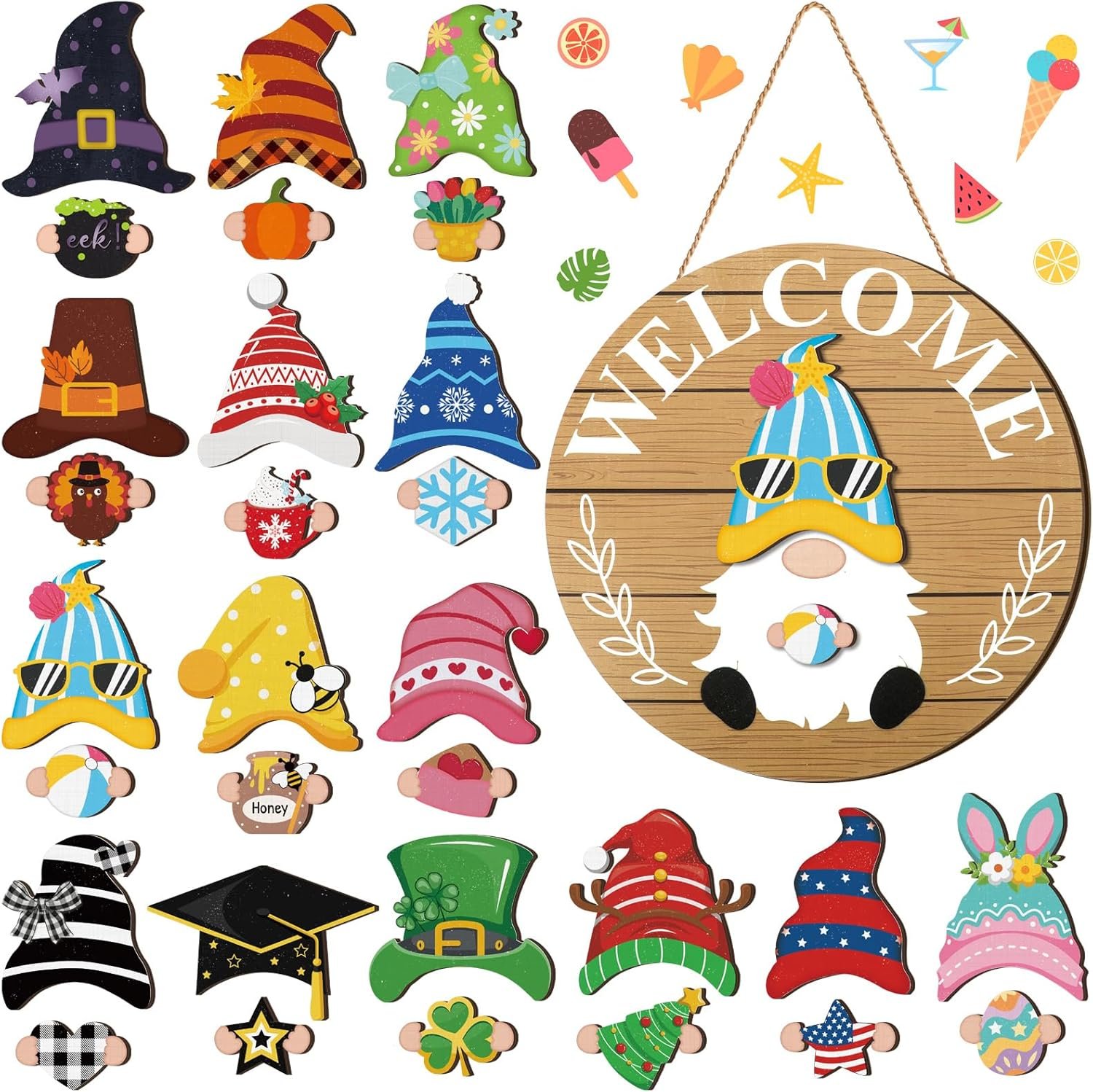 Qunclay 31 Pcs Delicate Interchangeable Wooden Gnome Door Hanger Holiday Seasonal Gnome Decorations with Magnet Pieces and Detachable Hats Changeable Welcome Sign for Home (Brown)