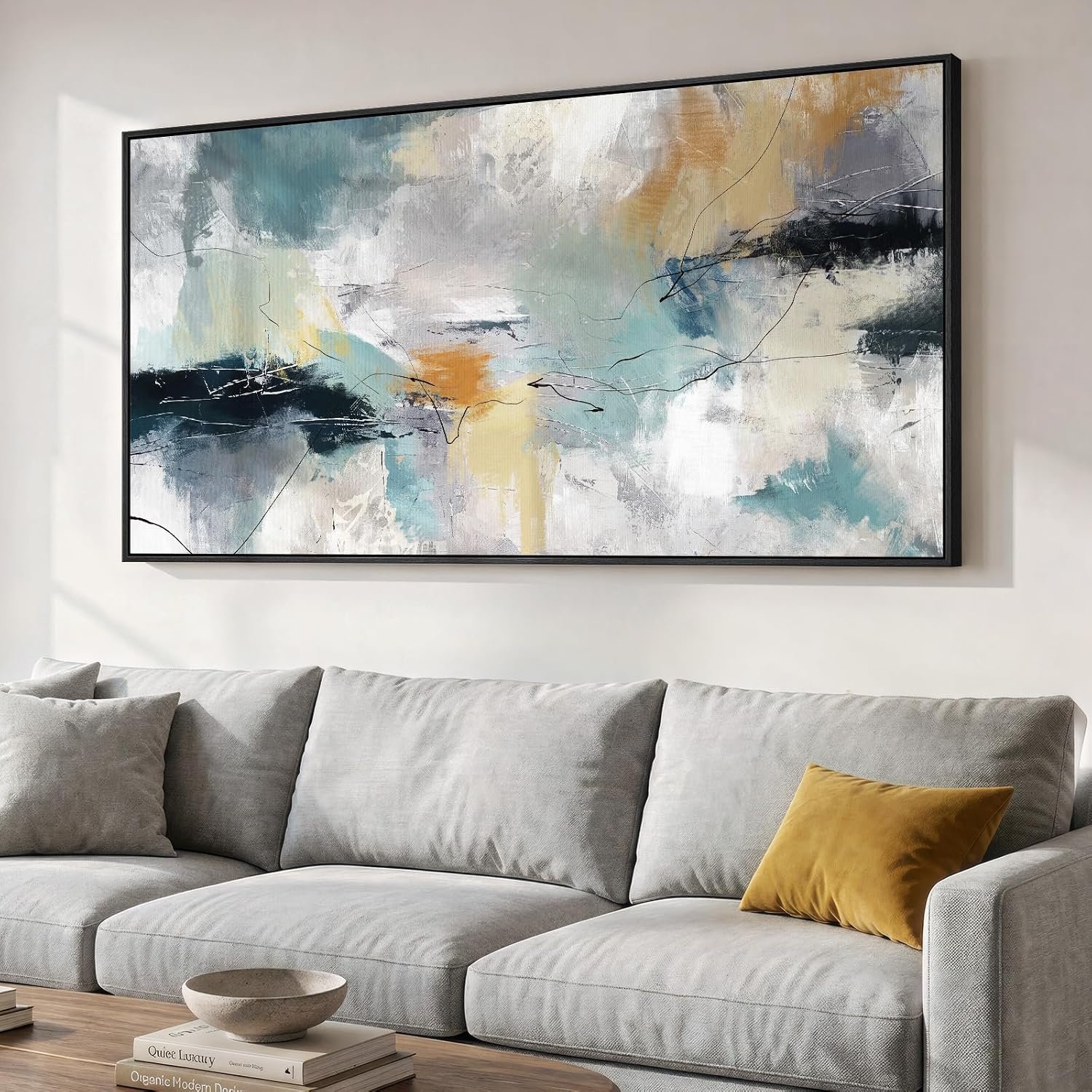 Extra Large Framed Abstract Wall Art for Living Room, Horizontal Grey Teal Canvas Prints Paintings Artwork for Walls, Modern Minimalist Pictures Wall Decor for Bedroom Dining Room Office, 30×60 In
