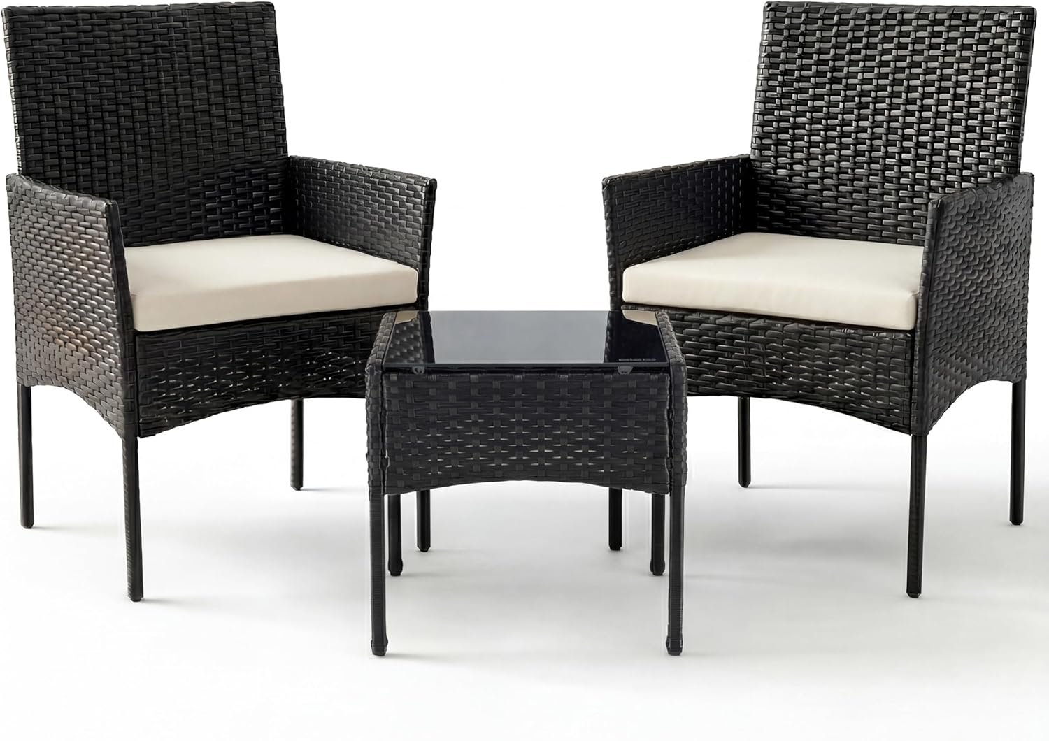 Sweetcrispy 3 Piece Patio Furniture Set, All-Weather Outdoor Conversation with Removable Cushions & Tempered Glass Table, Small Wicker Bistro Set for Balcony, Porch, Backyard, Deck, Black