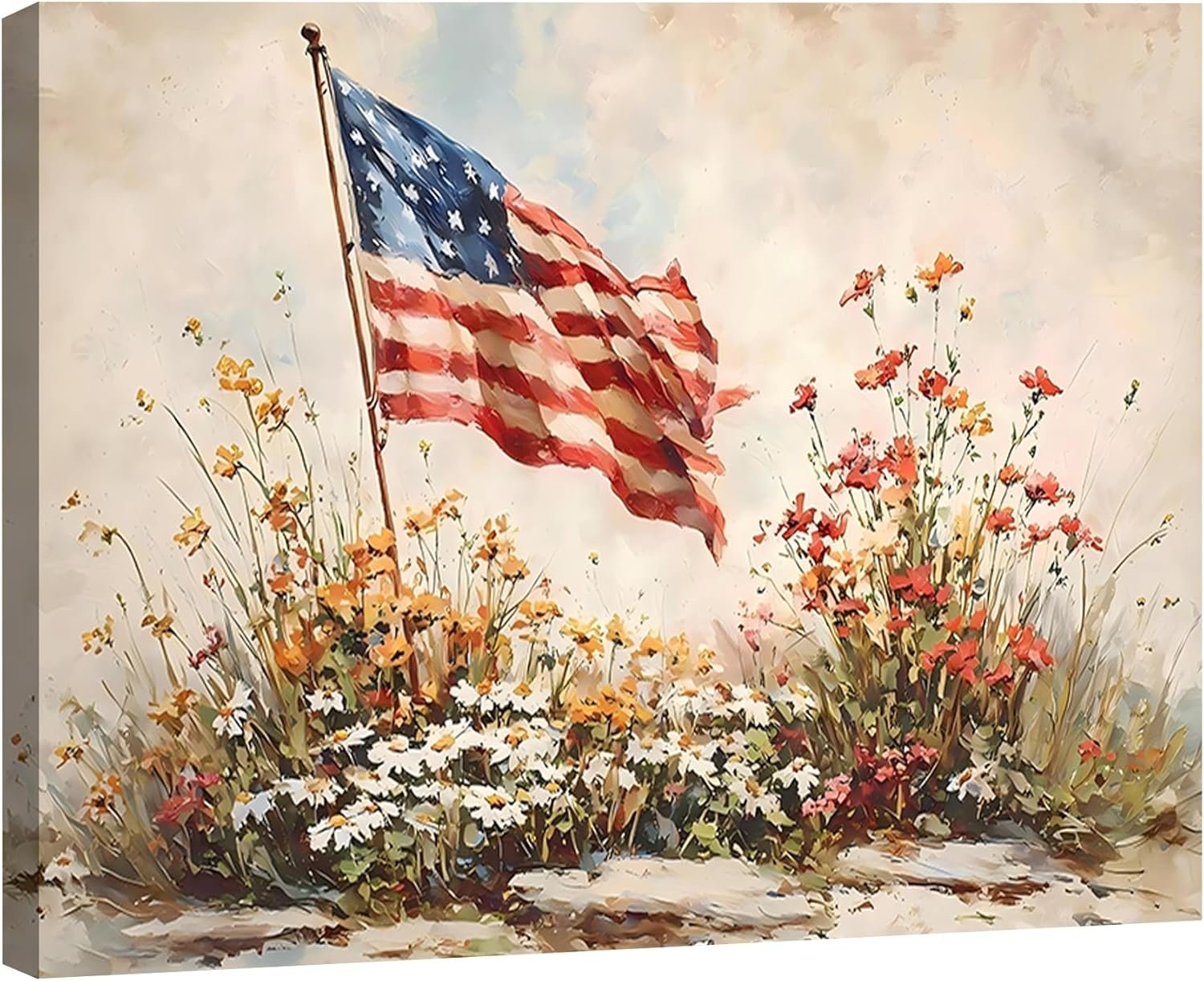 4th of July American Flag Wildflower Canvas Wall Art 8x12in, Framed Patriotic Prints Pictures for Bedroom, Vintage Farmhouse Wall Decor Artwork for Living Room Office Home, Made in USA