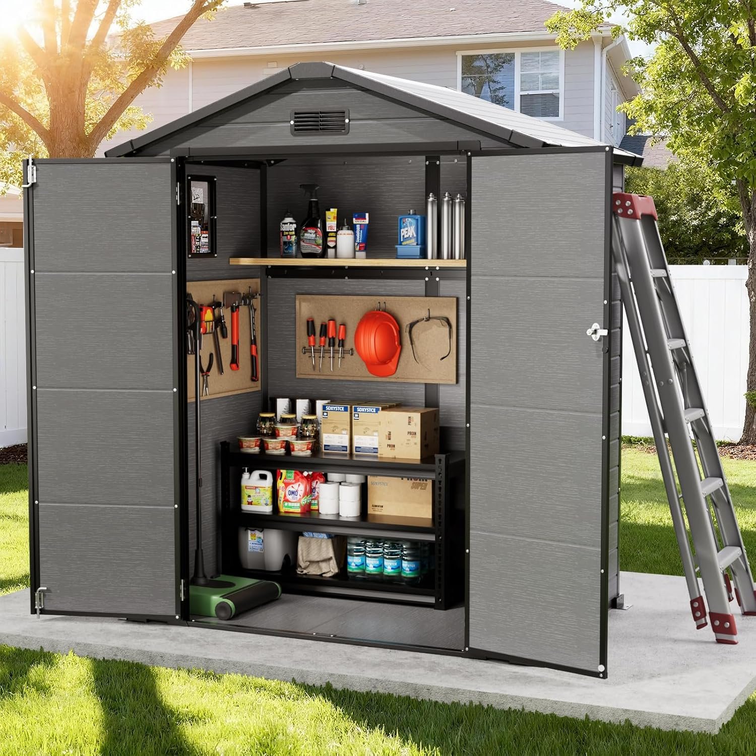 6×4 FT Plastic Storage Shed with Floor, Easy Setup Outdoor Resin Shed Garden Shed Outside Storage with Windows and Lockable Doubles Doors for Lawn Mower, Bike, Tool Storage