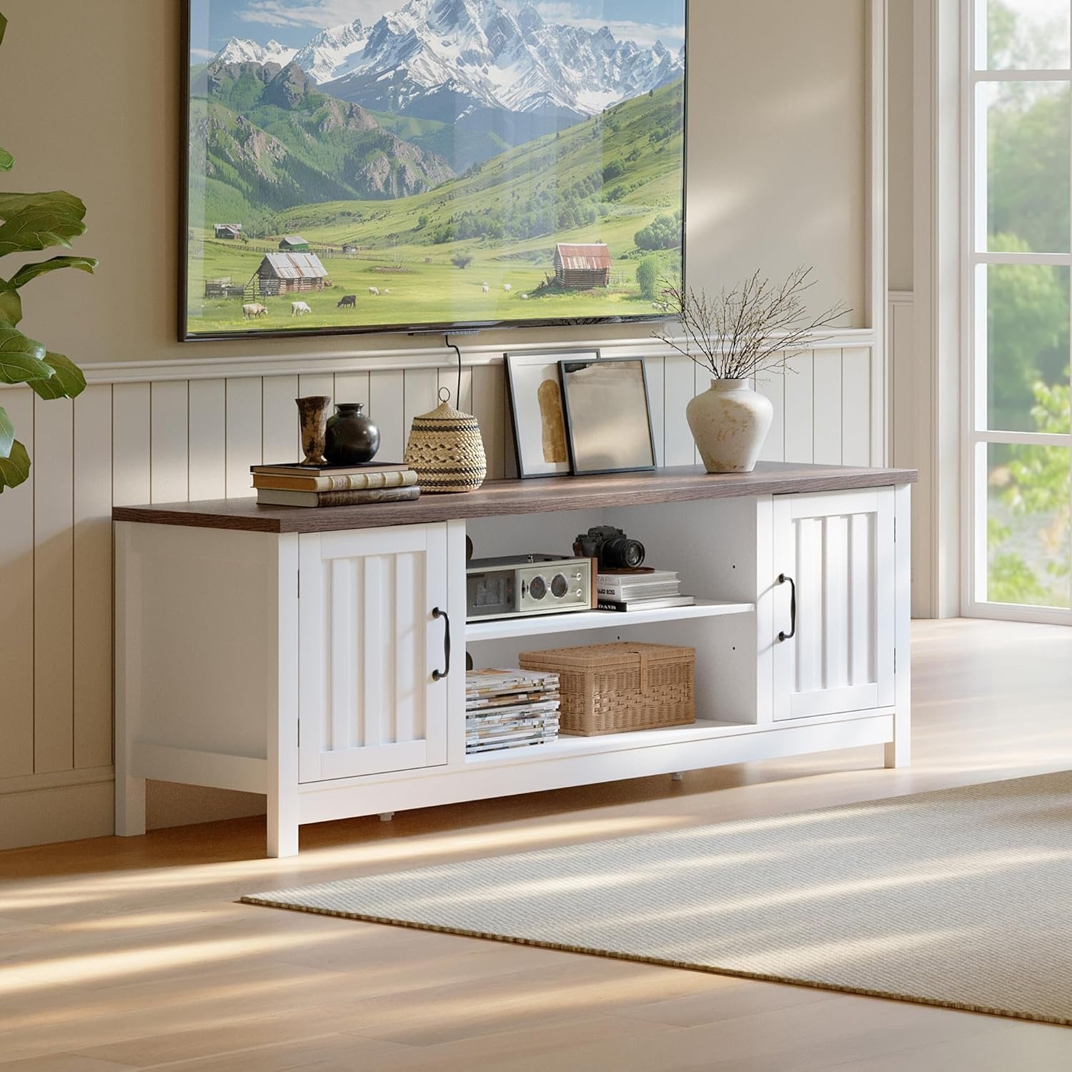 ChooChoo 54″ Farmhouse TV Stand for TVs up to 65 inches, Entertainment Center with Storage Cabinets, Open Shelves and Fluted Door, TV Console Table for Living Room, Bedroom, White