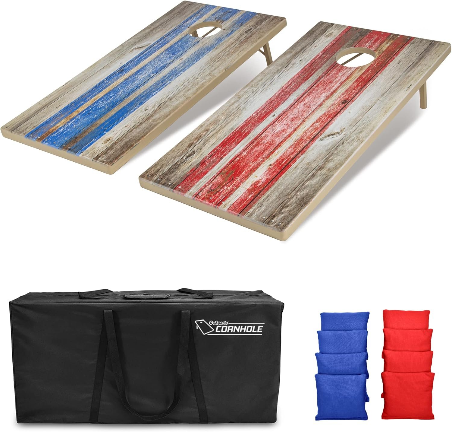 GoSports 4 x 2 ft All Weather Cornhole Boards – Rustic, Reed Camo, Woodland Camo, or Wood – 2 Regulation Size ToughToss Boards, 8 Bean Bags, and Carry Case