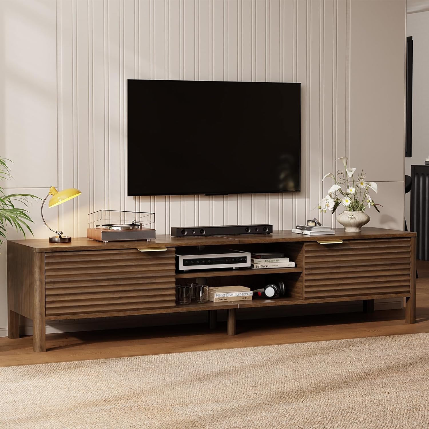 IKALIFE TV Stand for Living Room – up to 80 Inch TVs Mid Century Modern Entertainment Center with Storage and Adjustable Shelves, Media Console Table Walnut 70″