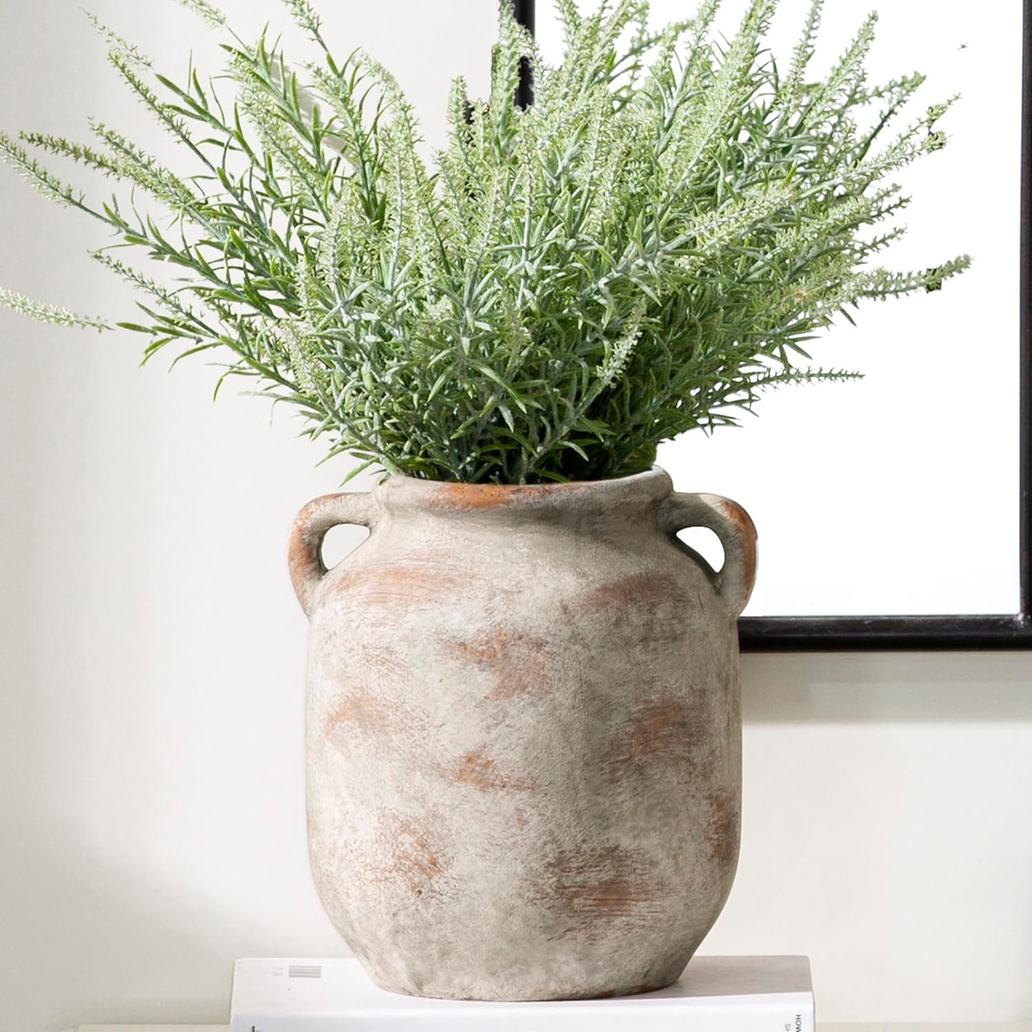 Ceramic Flower Vase Home Decor – Farmhouse Rustic Table Vases with Handle Living Room Decoration Decorative Vintage Pottery for Kitchen Shelf Coffee Dining Bookshelf Fireplace Centerpiece (7.6″ Retro)
