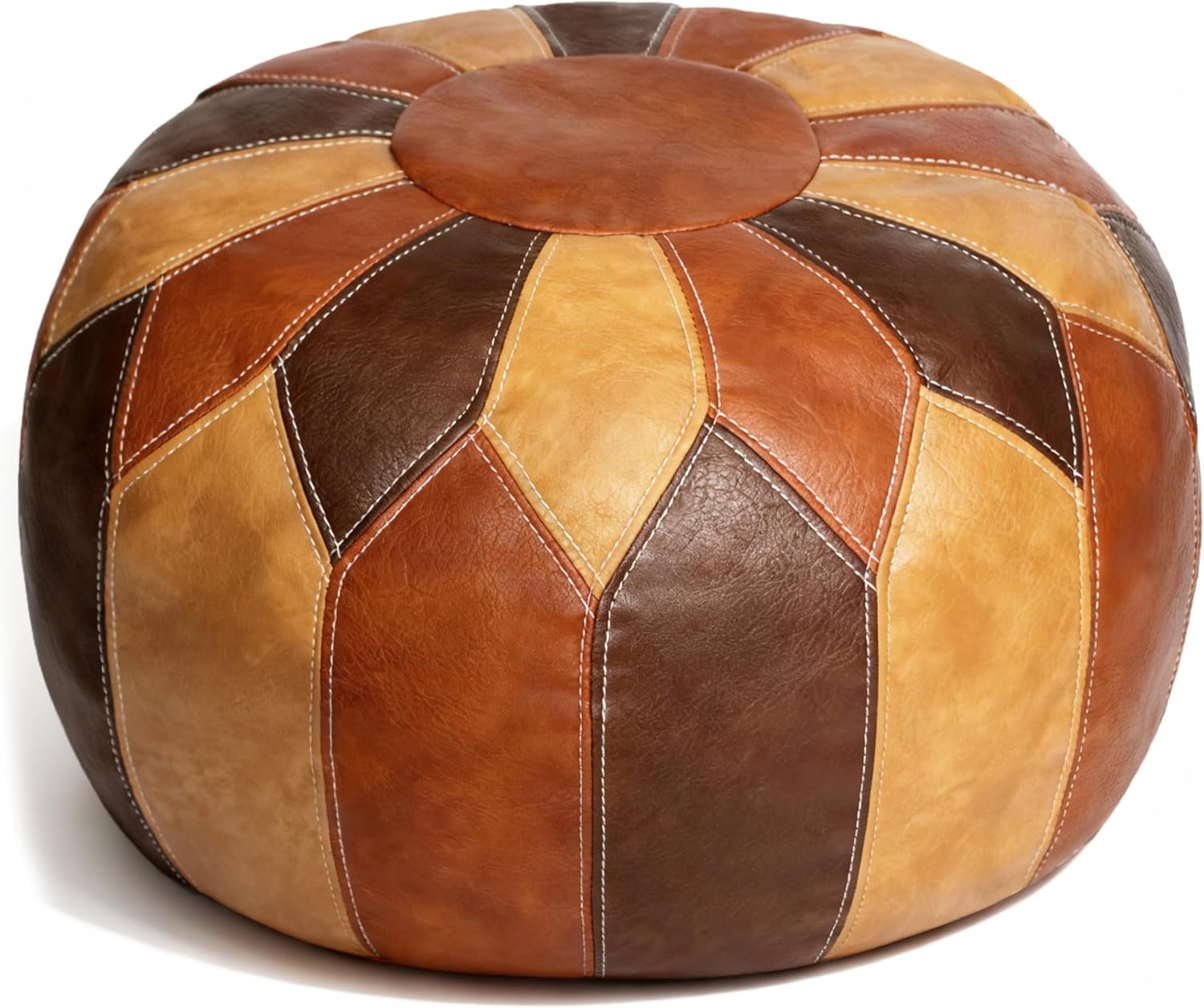 Thgonwid Unstuffed Moroccan Faux Leather Pouf Ottoman Cover with Storage – Boho Chic Multi-Use Footrest for Living Room, Bedroom, Patio – Round Ethnic Floor Cushion & Decorative Accent, Tricolor