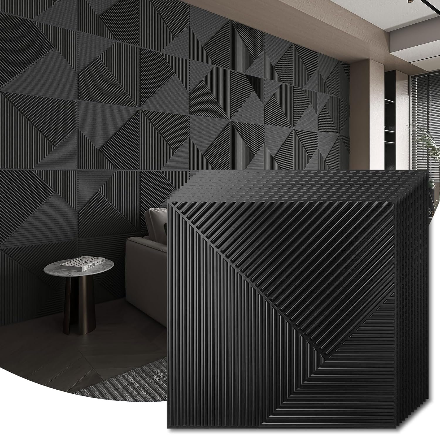 WOWSTAR 12-Pack 3D Wall Panels 19.7″ x 19.7″, Black Slat Wall Panels for Living Room Wall Decor, Modern Black Wall Covering for Home & Office