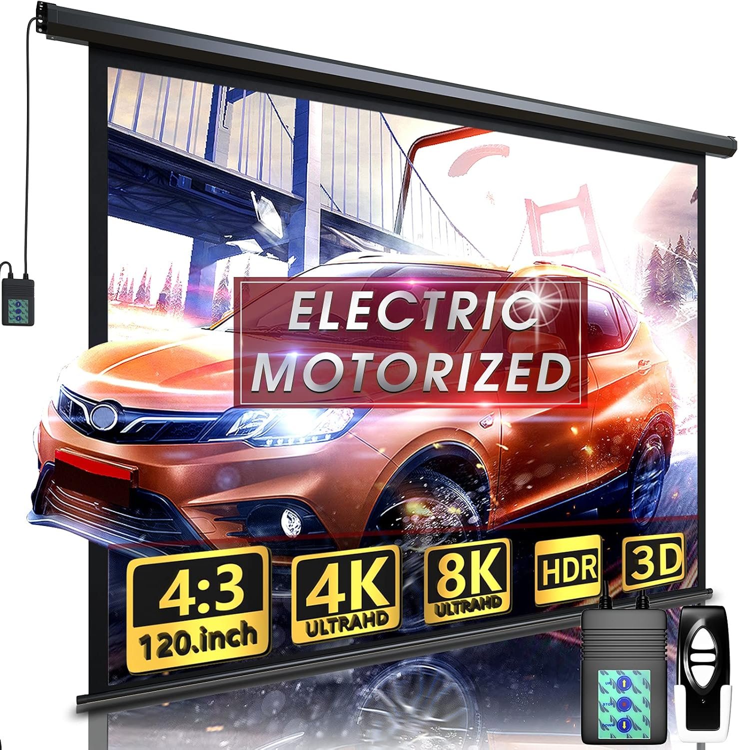 Motorized Projector Screen – Indoor and Outdoor Movies Screen Electric Projector Screen W/Remote Control (120 inch)