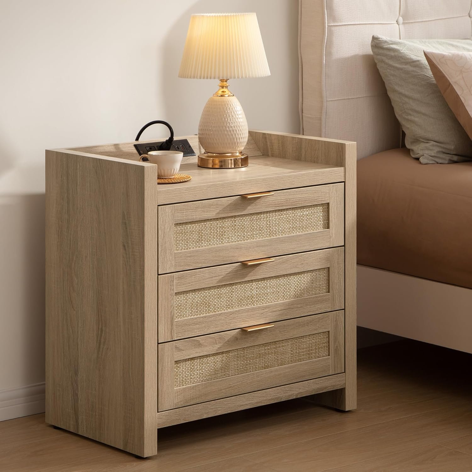 SICOTAS Rattan Nightstand Bedside Table – Larger Night Stand with Type-C Charging Station, 3 Drawers Storage – Boho Night Stands End Table for Bedroom – Light Oak