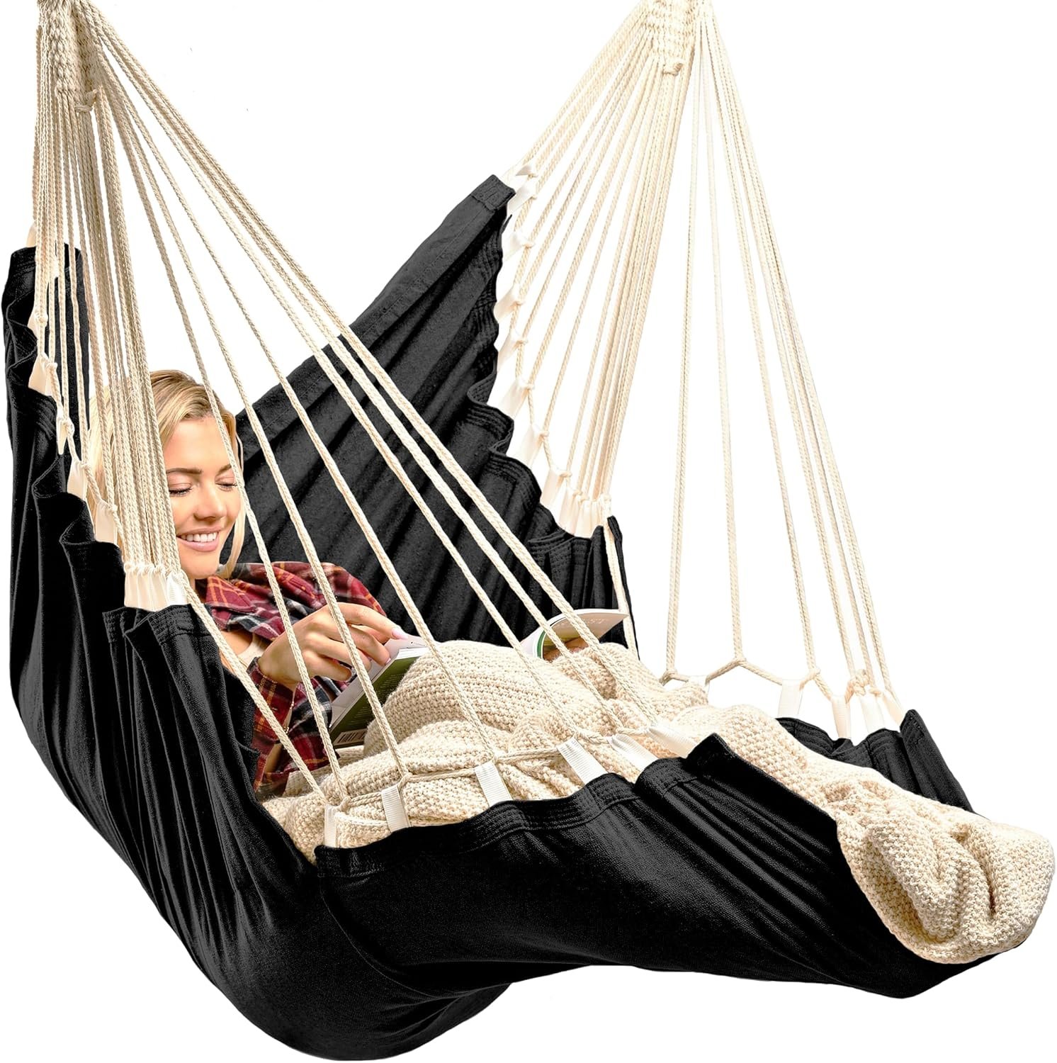 Hanging Hammock Chair Swing – Hanging Chair Outdoor & Indoor – Hammock Swing Chair – Quick & Easy Setup with Hardware Kit – Durable & Spacious Full Body Support – Holds 440 Lbs