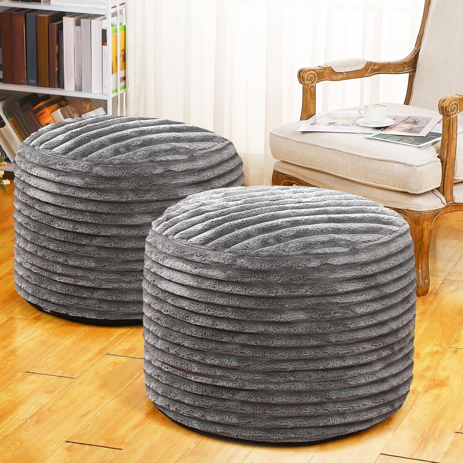 Teenyyou 2 Pcs 26 x 18 Inch Unstuffed Pouf Cover Ottoman Foot Rest – No Filler, Faux Rabbit Fur Foot Stool Floor Bean Bag Floor Chair Storage for Living Room Bedroom Home Decor(Gray)