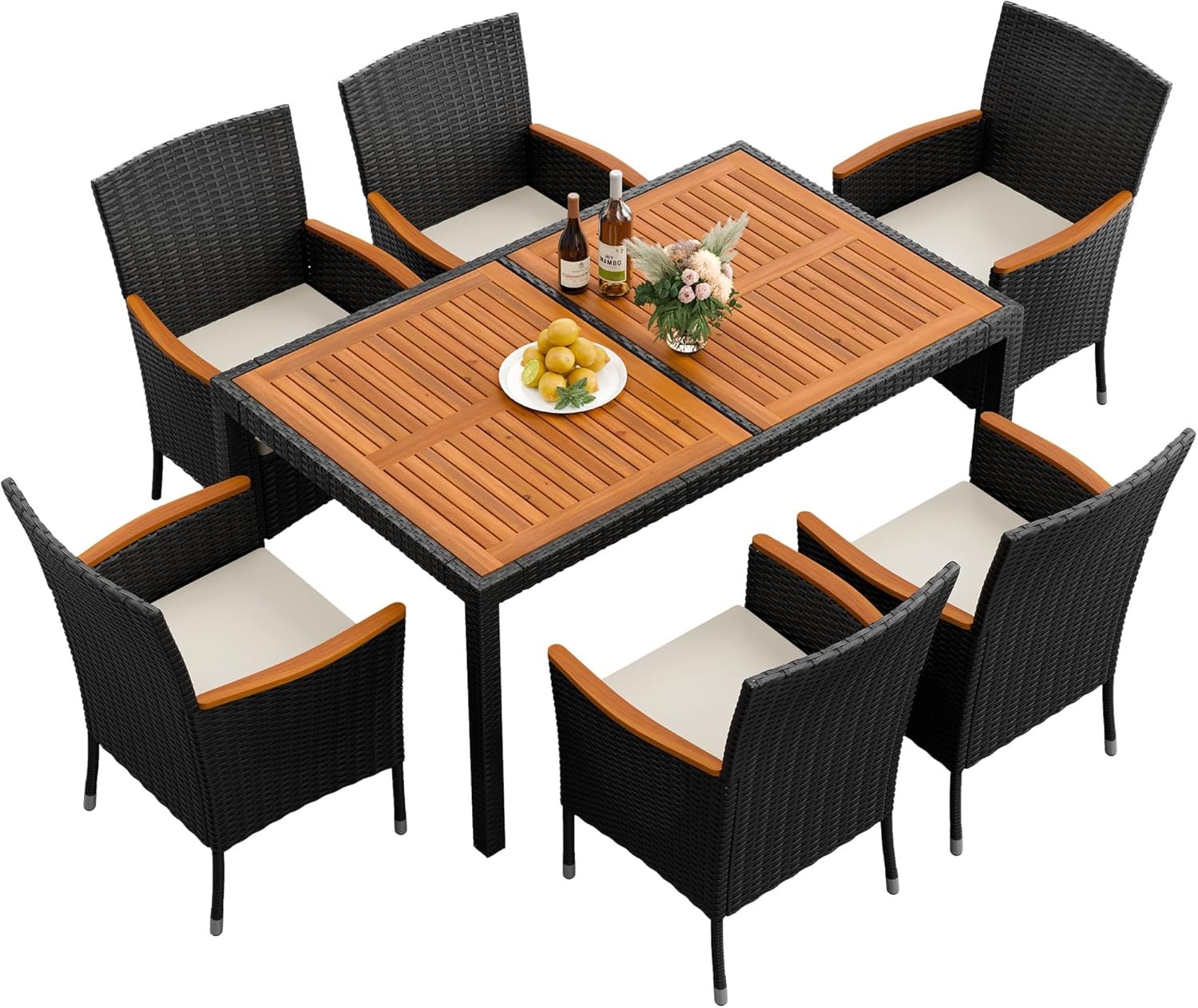 Flamaker 7 Piece Patio Dining Set Outdoor Acacia Wood Table and Chairs with Soft Cushions Wicker Patio Furniture for Deck, Backyard, Garden