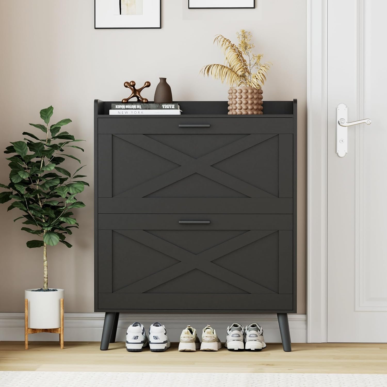 Homleke 32″ W Farmhouse Shoe Storage Cabinet with 2 Flip Drawers and Barn Door Design, Adjustable Shelves, Modern Hidden Slim Narrow Shoe Rack Cabinet for Entryway, Foyer, Hallway, Living Room, Black