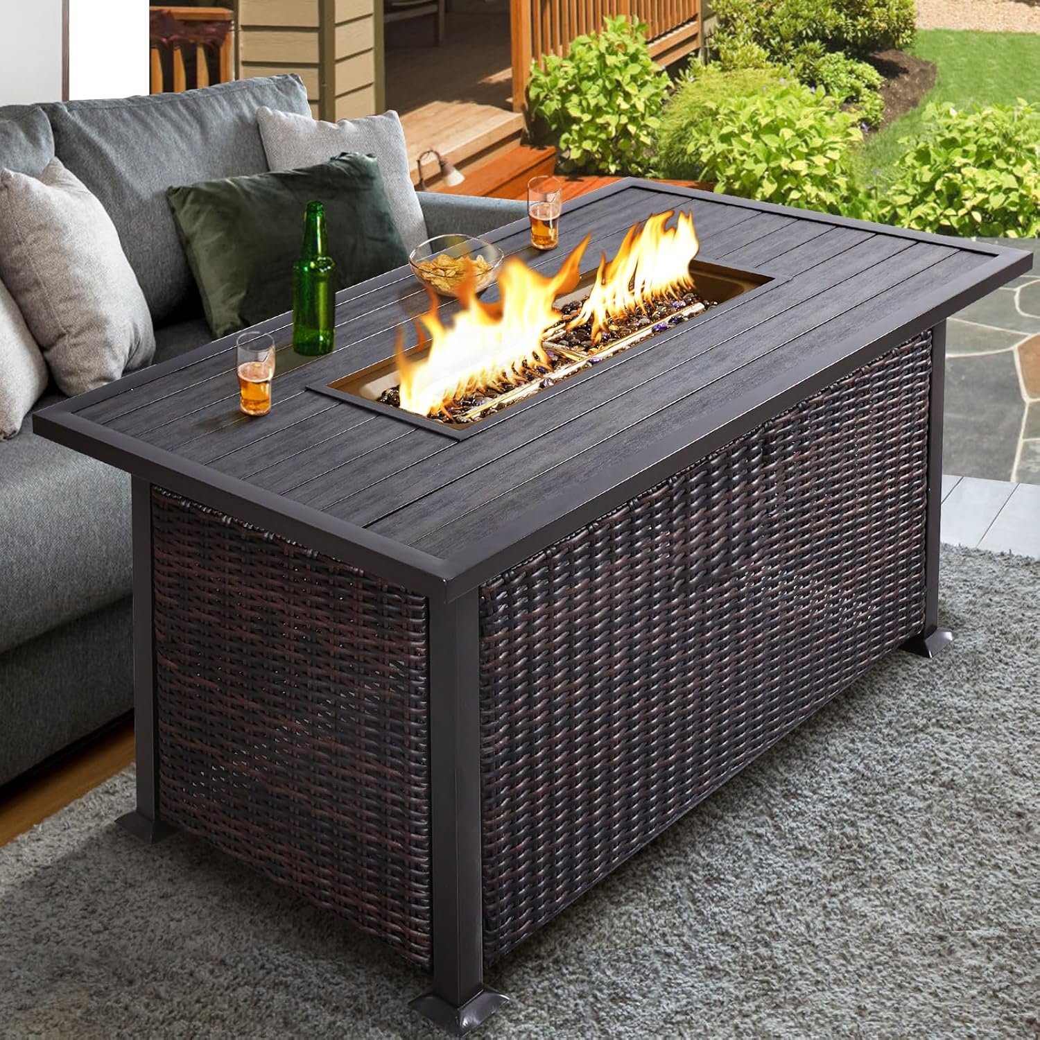 NOBLEMOOD Outdoor Fire Pit Table with Propane Tank Holder, 48 Inches Rattan Patio Fire Pit Table with Fire Glass Beads, CSA Approved 50,000 BTU Rectangle Fire Pit Table with Lid, Dust Cover