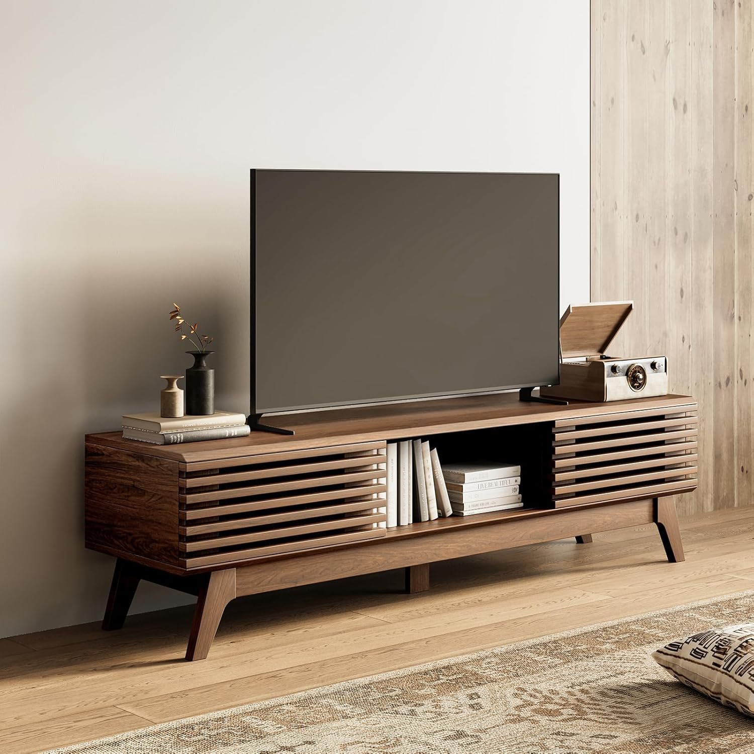 AODK 59″ TV Stand for 55″/60″/65″ TVs, Mid-Century Modern Fluted Entertainment Center with Sliding Doors, Storage Cabinets & Media Console Table, Living Room & Bedroom, Walnut