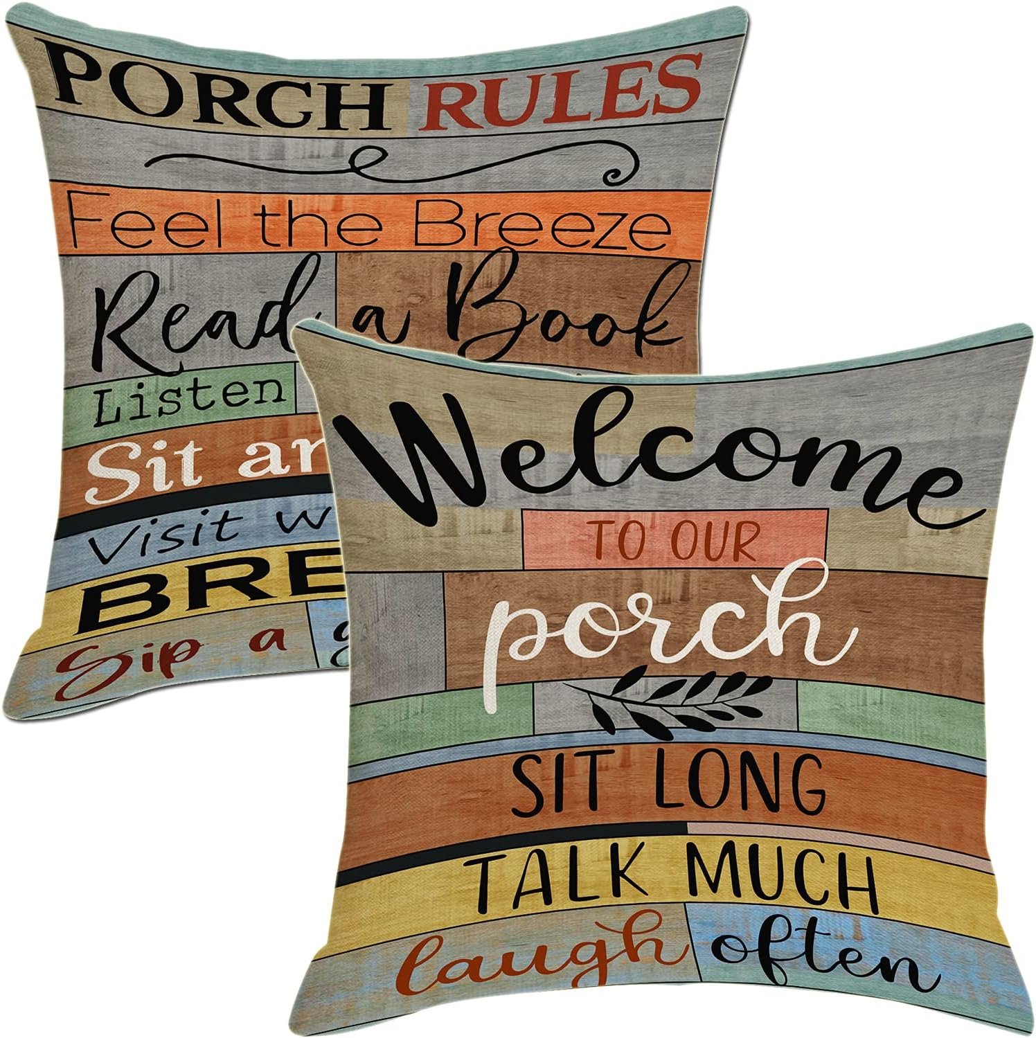 Decorative Outdoor Pillow Covers Porch Rules Sign Farmhouse Throw Pillow Covers, Square Linen Patio Cushion Cases for Couch Bench Seat Chair Car 18×18 Inch