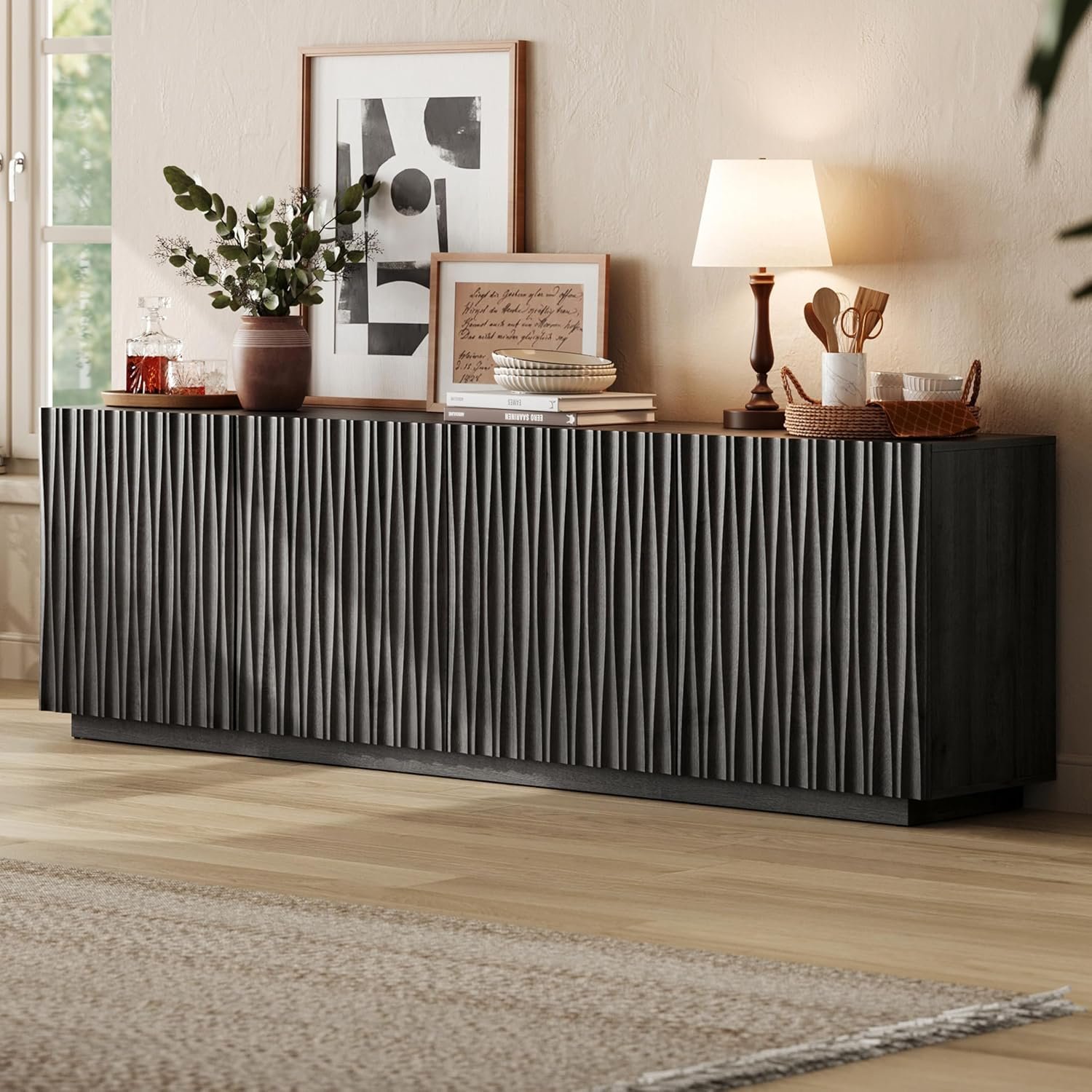 CHIC HOUSE 70″ Fluted Mid Century Modern Buffet Cabinet with Storage, Farmhouse Storage Sideboard Cabinet with Doors, Accent Cabinet & Media Console for Living Room, Entryway, Black Walnut