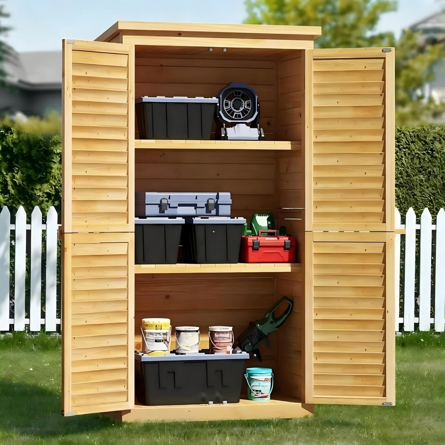 Bealife 63.2″ Outdoor Storage Cabinet with Double Doors, Lockable Vertical Storage Shed with 3 Shelves Organizer, Waterproof Fir Wood Tool Closet Shed for Garden, Backyard, Patio, and Lawn -Natural