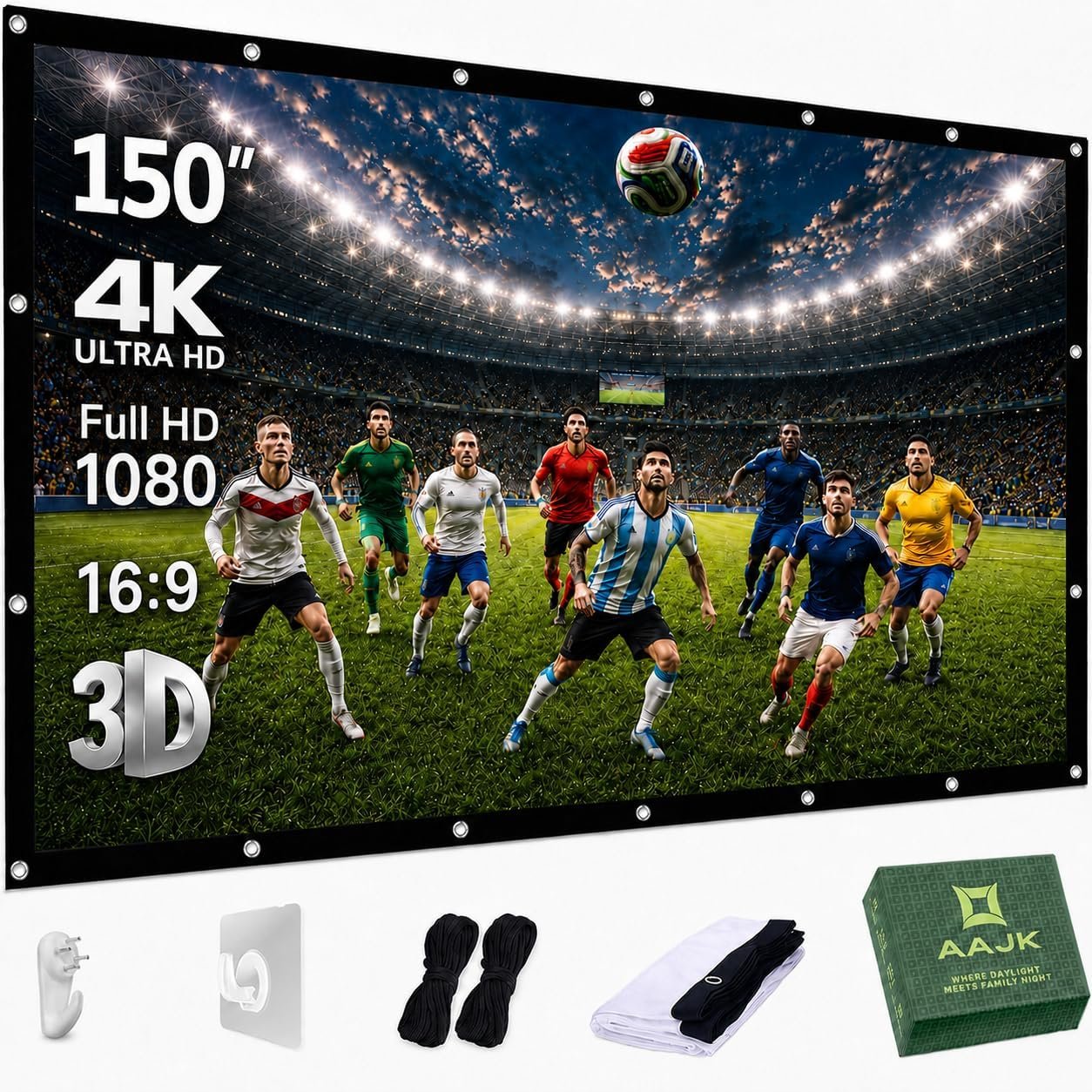 AAJK Outdoor Projector Screen 150 inch, Washable Projector Screen 16:9 Foldable Anti-Crease Portable Projector Movies Screen for Home Theater Outdoor Indoor Support Double Sided Projection