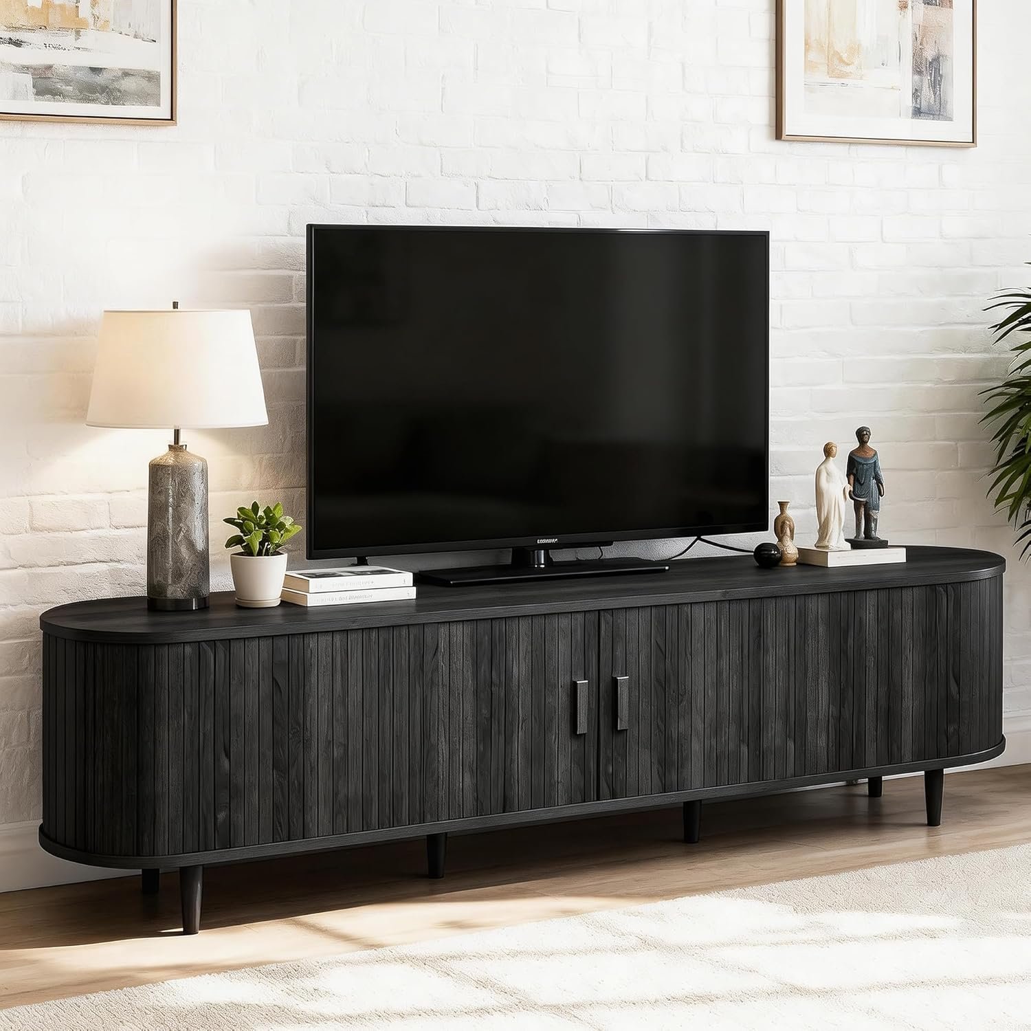 70″ Mid Century Modern TV Stand, Wood TV Consoles with Sliding Doors and Power Outlet, Fluted Entertainment Center with Adjustable Shelves, Media Console for Living Room, Black