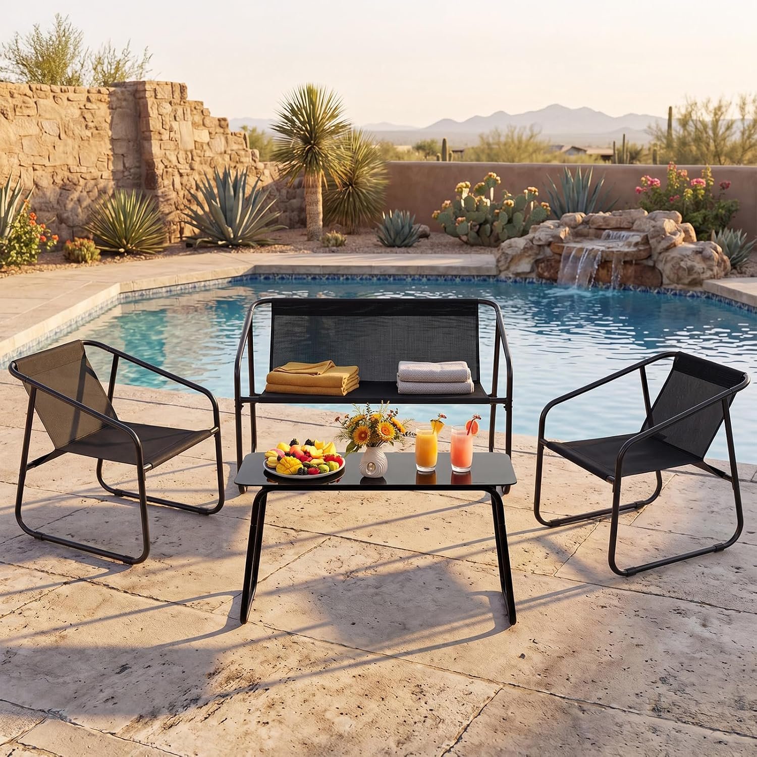 DUMOS 4 Piece Patio Furniture Set，Outdoor Patio Furniture Set with Table, Patio Table and Chairs Set, Sectional Bistro Sets for Lawn, Garden, Pool, Balcony, Poolside